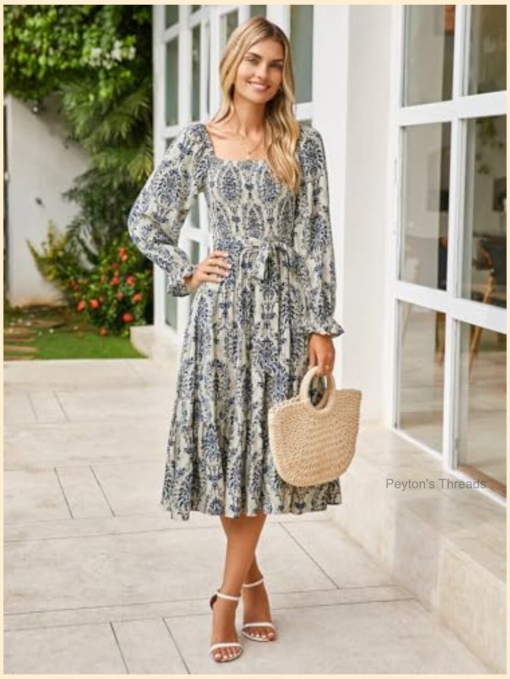 Long Sleeve Maxi Dress Square Neck Smocked Flowy Tiered Wedding Guest - Picture 3 of 7